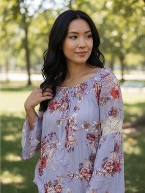Woman’s Double Click Lilac Floral Peasant Blouse with Lace Inset - Women